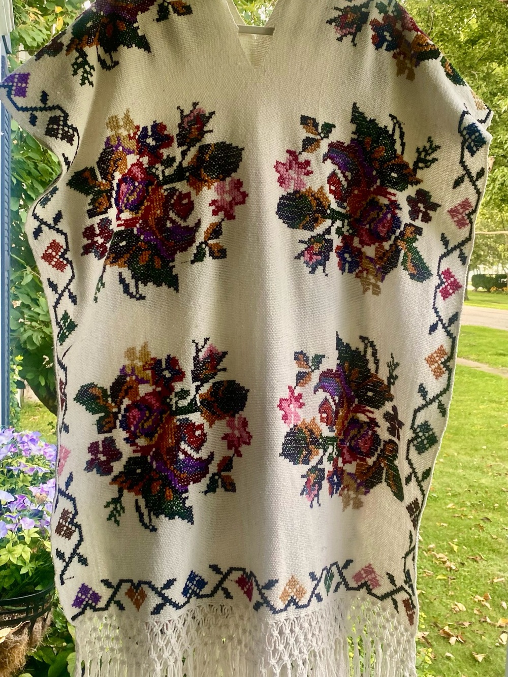 Vintage Boho Artisan Cream Floral Cross Stitch Poncho/ Tunic. Colorful